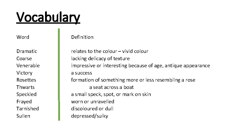 Vocabulary Word Definition Dramatic Coarse Venerable Victory Rosettes Thwarts Speckled Frayed Tarnished Sullen relates