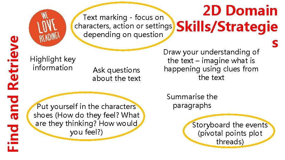 Find and Retrieve Text marking - focus on characters, action or settings depending on