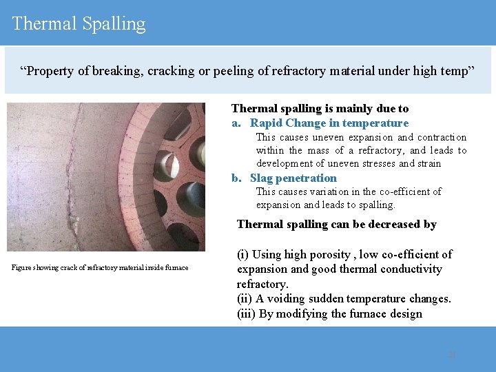 Thermal Spalling “Property of breaking, cracking or peeling of refractory material under high temp”