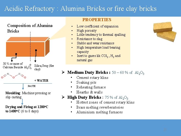 Acidic Refractory : Alumina Bricks or fire clay bricks PROPERTIES Composition of Alumina Bricks