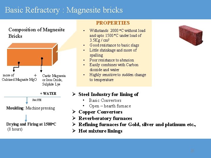 Basic Refractory : Magnesite bricks PROPERTIES Composition of Magnesite Bricks • • • more