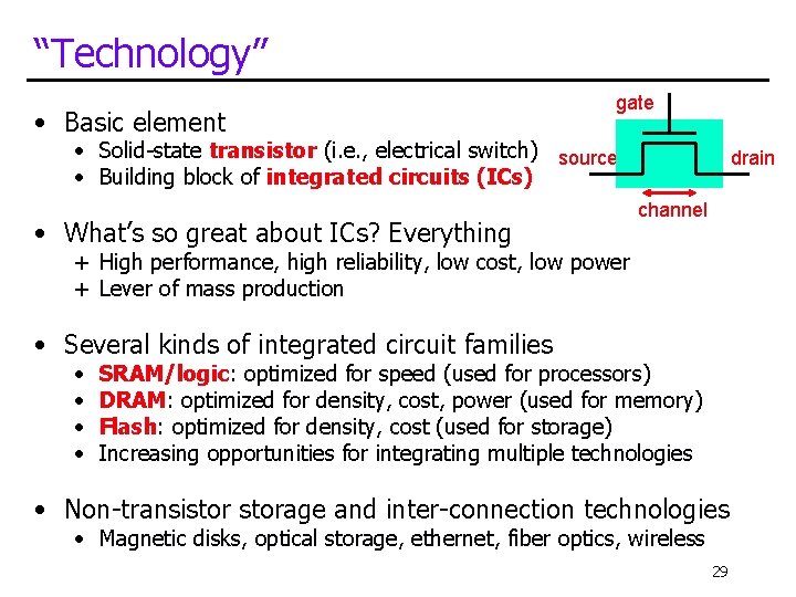 “Technology” • Basic element gate • Solid-state transistor (i. e. , electrical switch) source