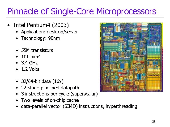 Pinnacle of Single-Core Microprocessors • Intel Pentium 4 (2003) • Application: desktop/server • Technology: