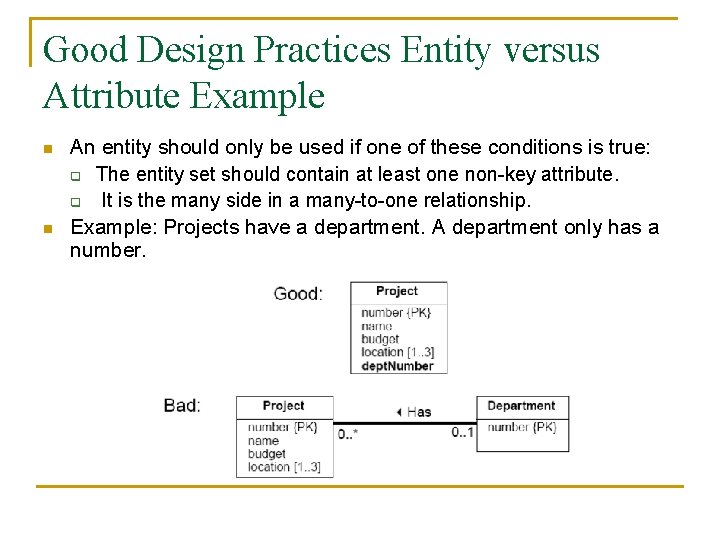 Good Design Practices Entity versus Attribute Example n n An entity should only be Good Design Practices Entity versus Attribute Example n n An entity should only be