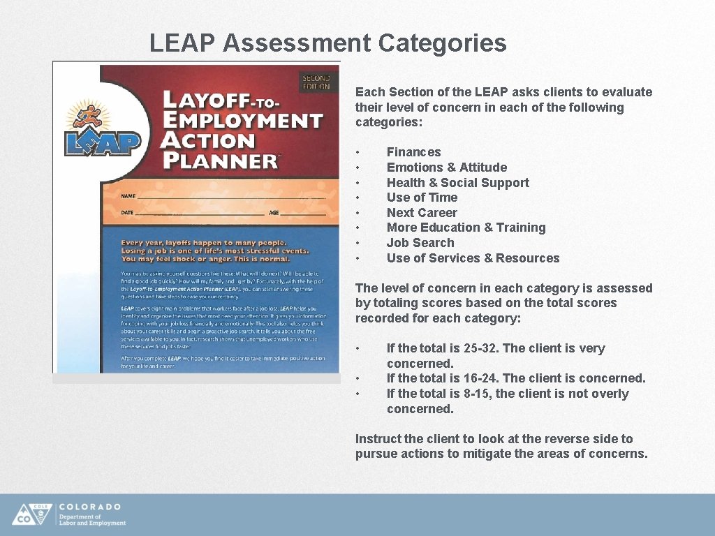 LEAP Assessment Categories Each Section of the LEAP asks clients to evaluate their level