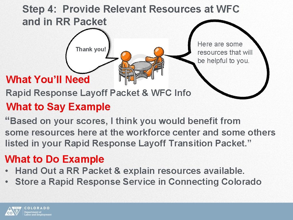 Step 4: Provide Relevant Resources at WFC and in RR Packet Thank you! Here