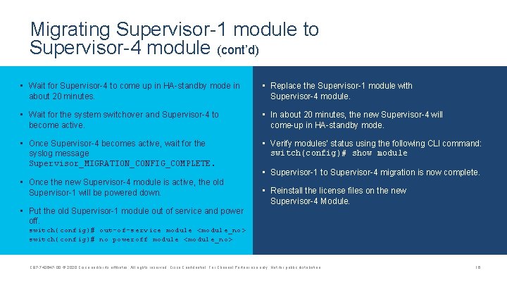 Migrating Supervisor-1 module to Supervisor-4 module (cont’d) • Wait for Supervisor-4 to come up