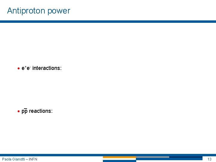 Antiproton power · e+e- interactions: _ · pp reactions: _ Paola Gianotti – INFN