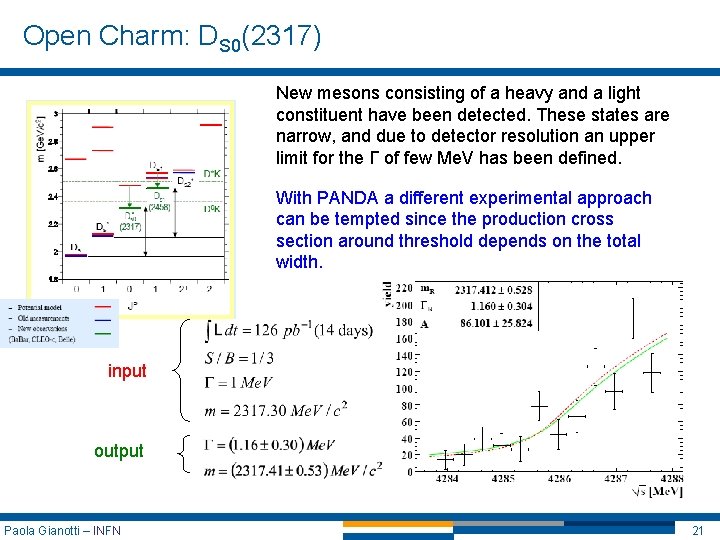 Open Charm: DS 0(2317) New mesons consisting of a heavy and a light constituent