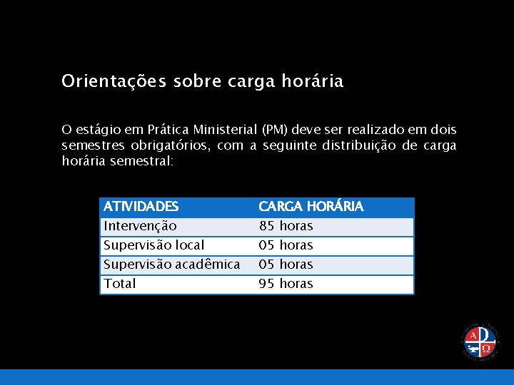 Orientações sobre carga horária O estágio em Prática Ministerial (PM) deve ser realizado em