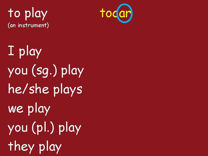 to play tocar I play you (sg. ) play he/she plays we play you