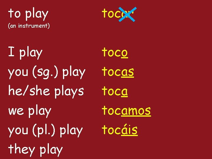 to play tocar I play you (sg. ) play he/she plays we play you