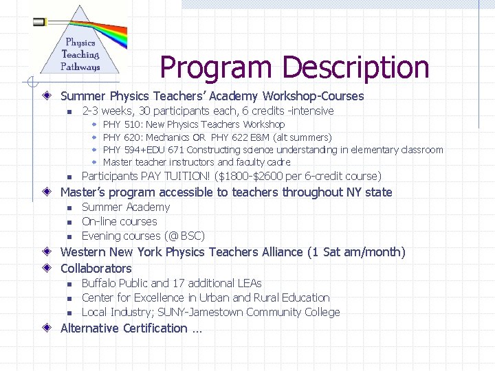 Program Description Summer Physics Teachers’ Academy Workshop-Courses n 2 -3 weeks, 30 participants each,