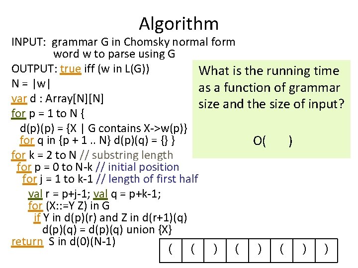 Algorithm INPUT: grammar G in Chomsky normal form word w to parse using G