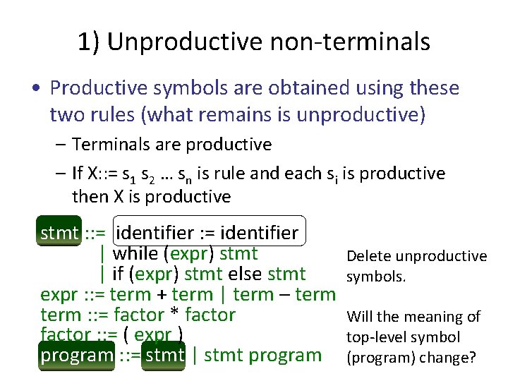 1) Unproductive non-terminals • Productive symbols are obtained using these two rules (what remains