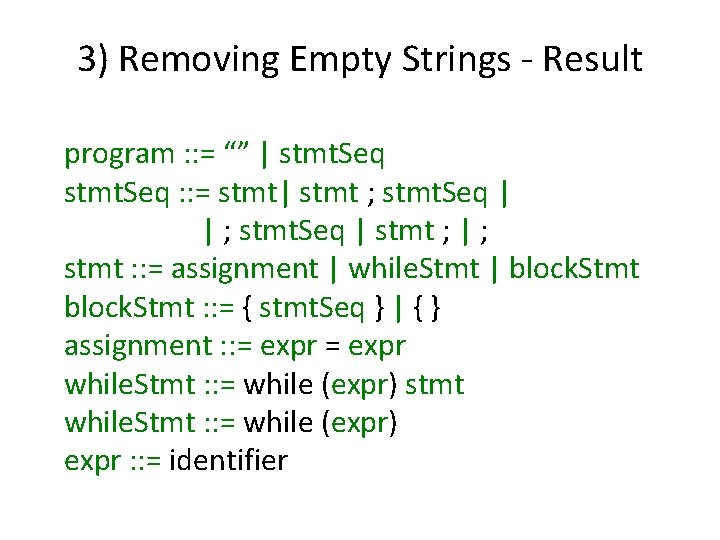 3) Removing Empty Strings - Result program : : = “” | stmt. Seq