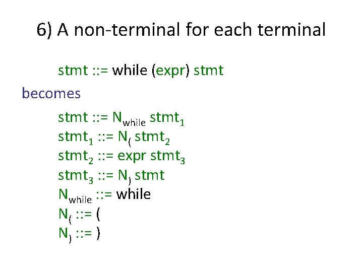6) A non-terminal for each terminal stmt : : = while (expr) stmt becomes