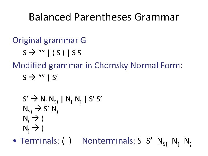 Balanced Parentheses Grammar Original grammar G S “” | ( S ) | S