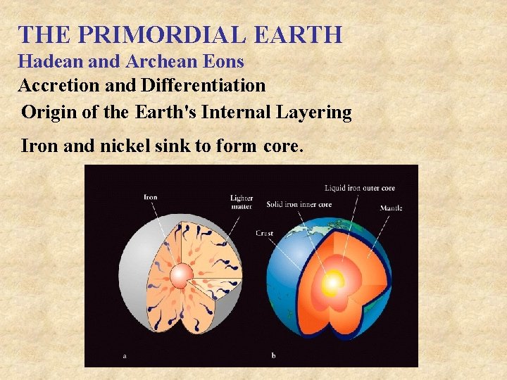 THE PRIMORDIAL EARTH Hadean and Archean Eons Accretion and Differentiation Origin of the Earth's
