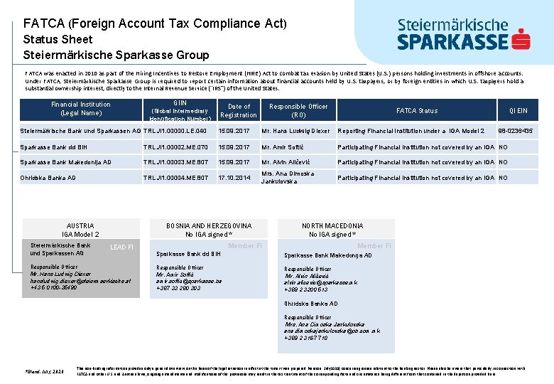 FATCA (Foreign Account Tax Compliance Act) Status Sheet Steiermärkische Sparkasse Group FATCA was enacted