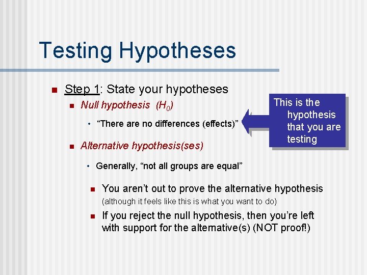 Testing Hypotheses n Step 1: State your hypotheses n Null hypothesis (H 0) •