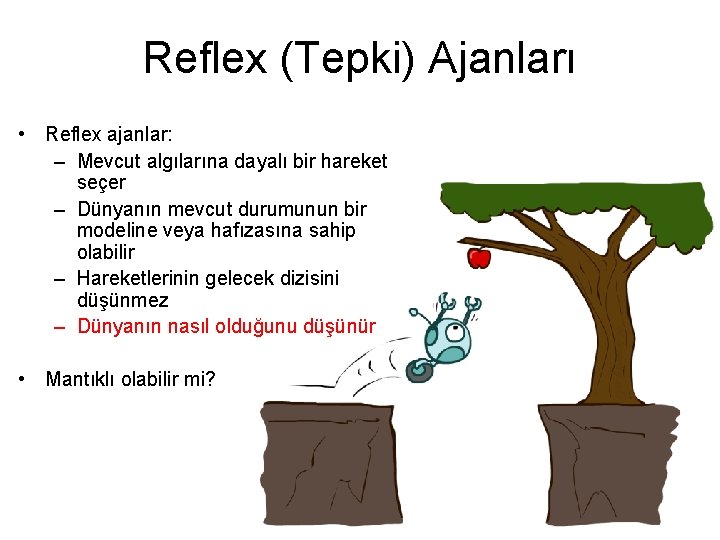 Reflex (Tepki) Ajanları • Reflex ajanlar: – Mevcut algılarına dayalı bir hareket seçer –