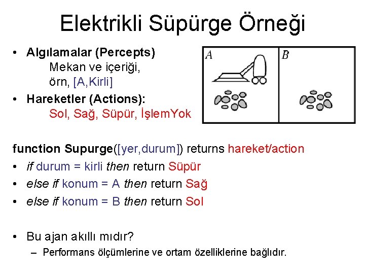 Elektrikli Süpürge Örneği • Algılamalar (Percepts) Mekan ve içeriği, örn, [A, Kirli] • Hareketler