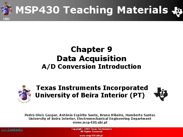 MSP 430 Teaching Materials UBI Chapter 9 Data Acquisition A/D Conversion Introduction Texas Instruments