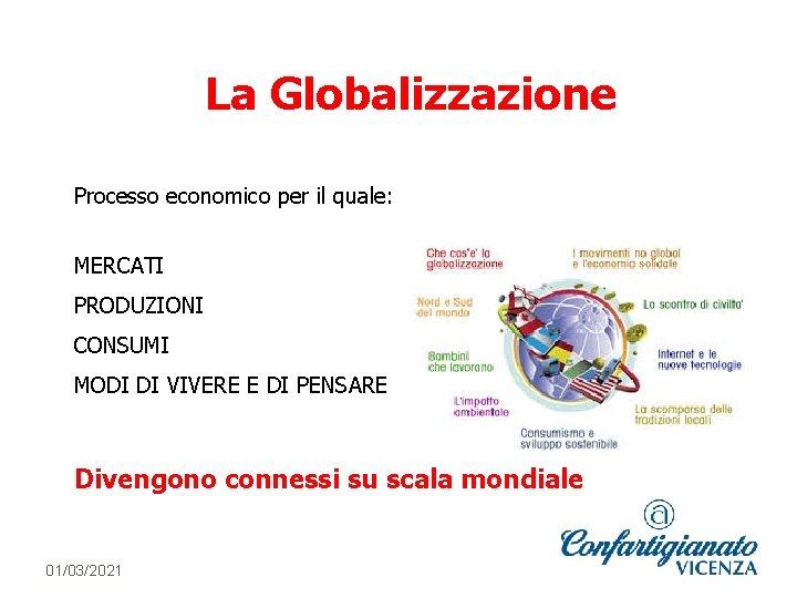 La Globalizzazione Processo economico per il quale: MERCATI PRODUZIONI CONSUMI MODI DI VIVERE E