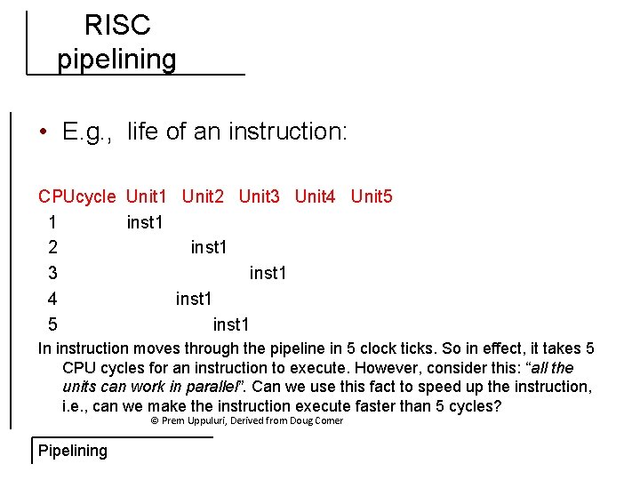 RISC pipelining • E. g. , life of an instruction: CPUcycle Unit 1 Unit
