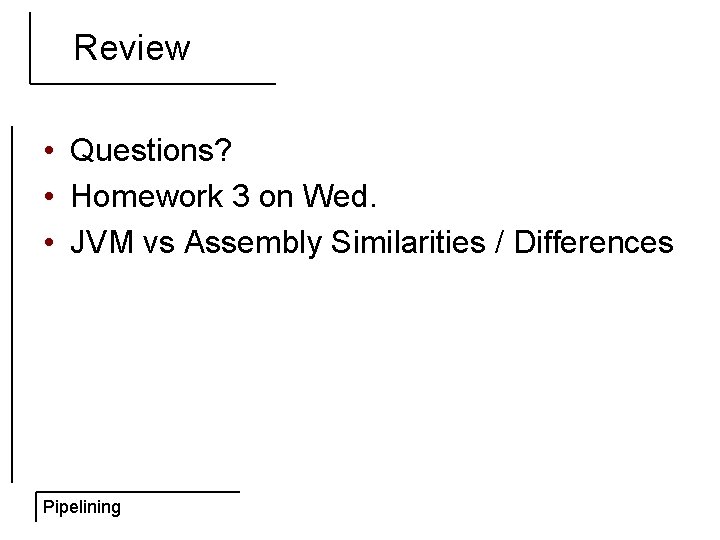 Review • Questions? • Homework 3 on Wed. • JVM vs Assembly Similarities /