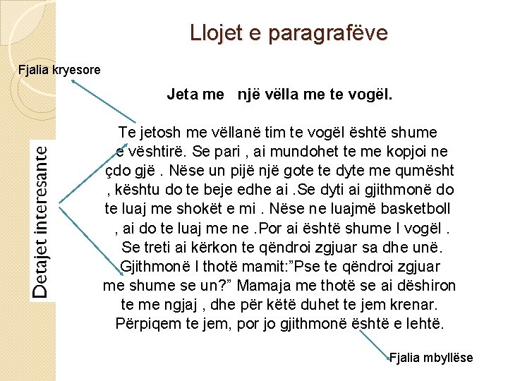 Llojet e paragrafëve Fjalia kryesore Jeta me një vëlla me te vogël. Te jetosh Llojet e paragrafëve Fjalia kryesore Jeta me një vëlla me te vogël. Te jetosh