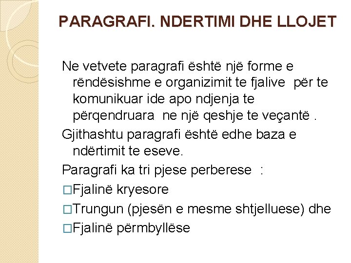 PARAGRAFI. NDERTIMI DHE LLOJET Ne vetvete paragrafi është një forme e rëndësishme e organizimit PARAGRAFI. NDERTIMI DHE LLOJET Ne vetvete paragrafi është një forme e rëndësishme e organizimit