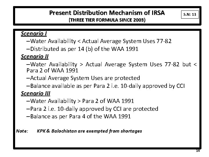 Present Distribution Mechanism of IRSA (THREE TIER FORMULA SINCE 2003) S. N: 13 l. Present Distribution Mechanism of IRSA (THREE TIER FORMULA SINCE 2003) S. N: 13 l.