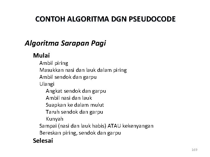 CONTOH ALGORITMA DGN PSEUDOCODE Algoritma Sarapan Pagi Mulai Ambil piring Masukkan nasi dan lauk