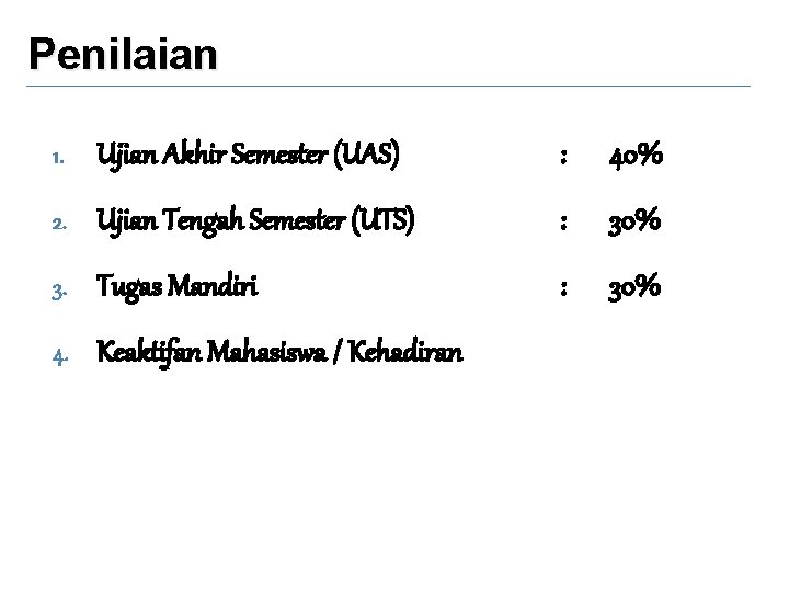 Penilaian 1. Ujian Akhir Semester (UAS) : 40% 2. Ujian Tengah Semester (UTS) :