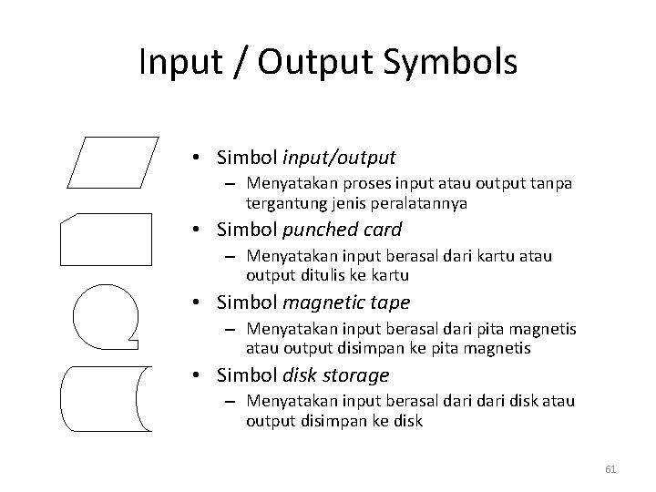 Input / Output Symbols • Simbol input/output – Menyatakan proses input atau output tanpa