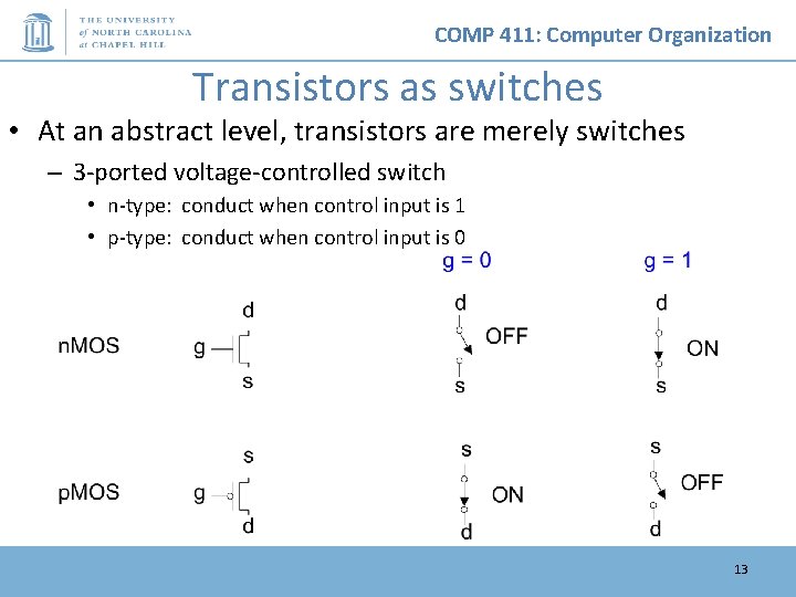 COMP 411: Computer Organization Transistors as switches • At an abstract level, transistors are