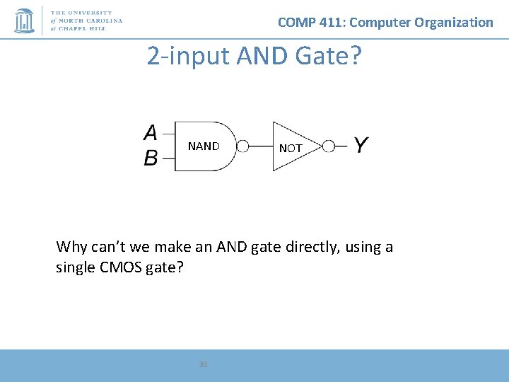 COMP 411: Computer Organization 2 -input AND Gate? NAND NOT Why can’t we make
