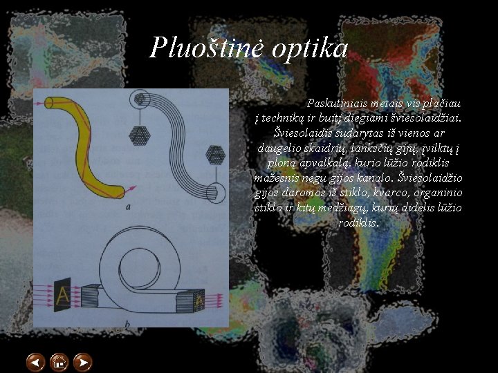 Pluoštinė optika Paskutiniais metais vis plačiau į techniką ir buitį diegiami šviesolaidžiai. Šviesolaidis sudarytas