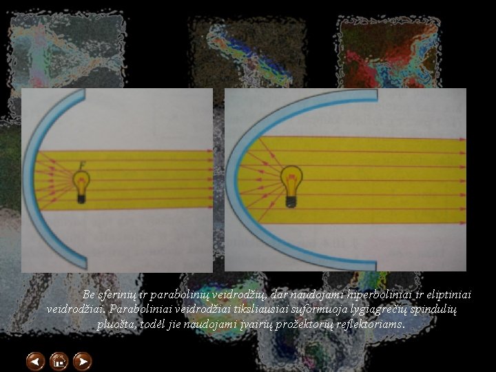 Be sferinių ir parabolinių veidrodžių, dar naudojami hiperboliniai ir eliptiniai veidrodžiai. Paraboliniai veidrodžiai tiksliausiai