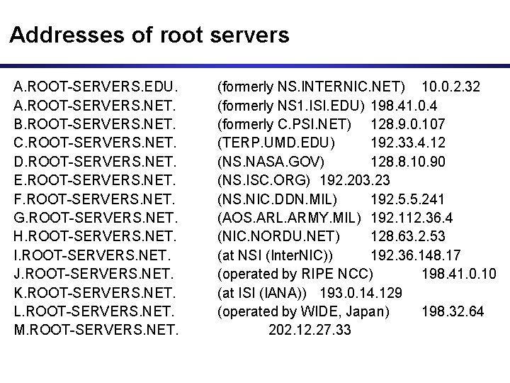 Addresses of root servers A. ROOT-SERVERS. EDU. A. ROOT-SERVERS. NET. B. ROOT-SERVERS. NET. C.