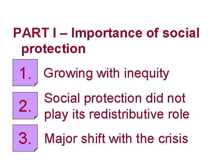 PART I – Importance of social protection 1. Growing with inequity 2. Social protection