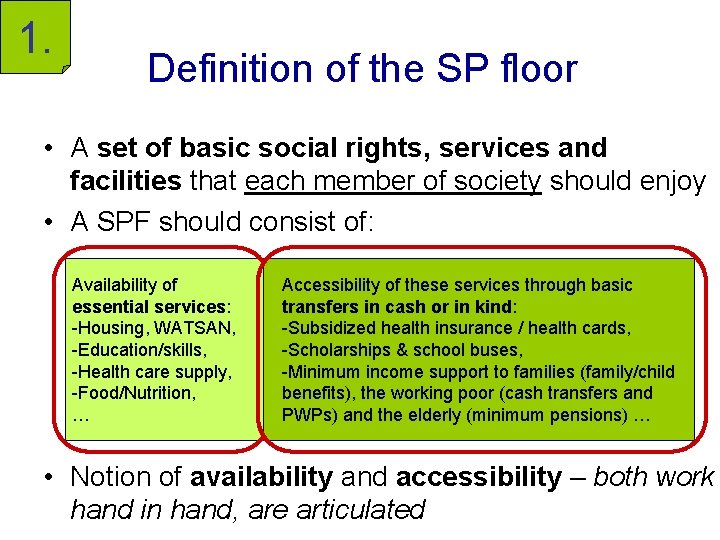 1. Definition of the SP floor • A set of basic social rights, services