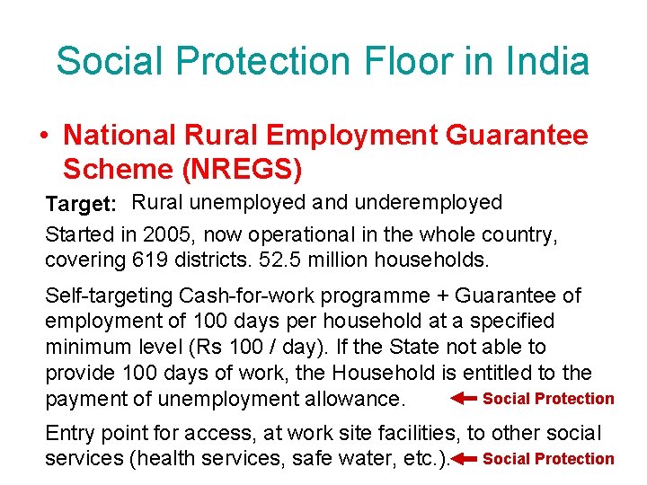 Social Protection Floor in India • National Rural Employment Guarantee Scheme (NREGS) Target: Rural