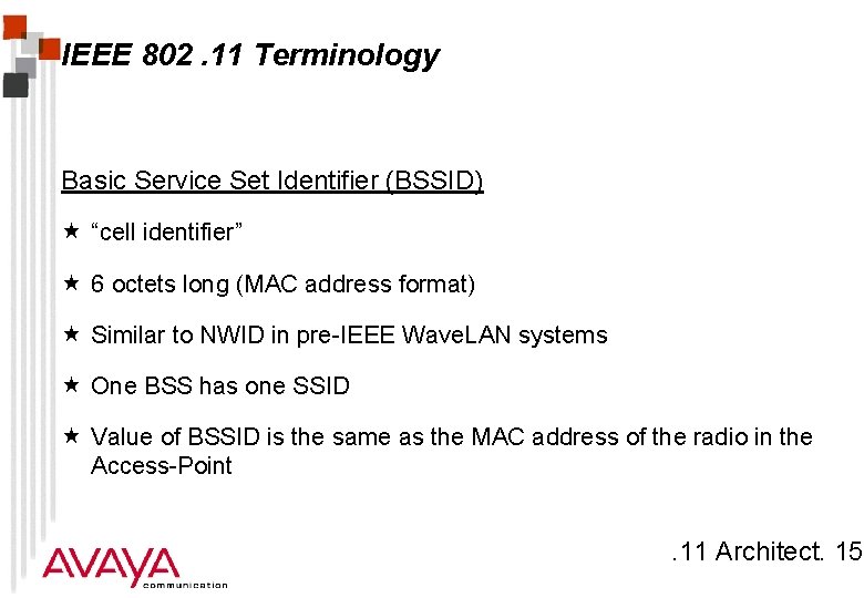 IEEE 802. 11 Terminology Basic Service Set Identifier (BSSID) « “cell identifier” « 6