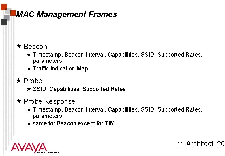 MAC Management Frames « Beacon « Timestamp, Beacon Interval, Capabilities, SSID, Supported Rates, parameters