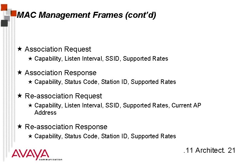 MAC Management Frames (cont’d) « Association Request « Capability, Listen Interval, SSID, Supported Rates