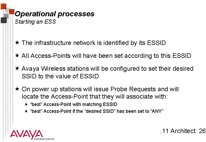 Operational processes Starting an ESS « The infrastructure network is identified by its ESSID