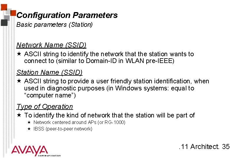 Configuration Parameters Basic parameters (Station) Network Name (SSID) « ASCII string to identify the